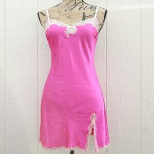 Victoria's Secret Mini Satin Slip S Hot Pink Lace Nightie Valentine Y2K Romantic